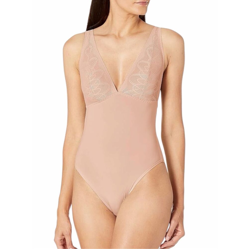 DKNY Tan Lace Deep V Neck Shaping Bodysuit Size Large